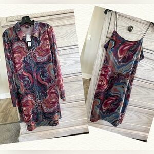 Eliane Mesh Mini Dress Set by Fashion Nova,(Burgundy Color Combo) (L)